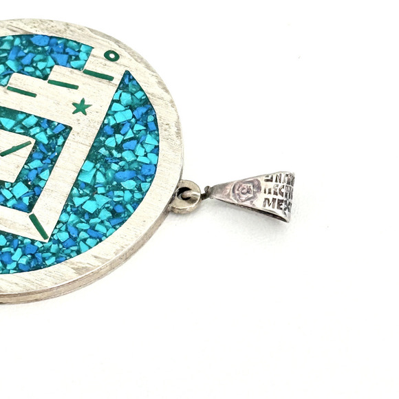 Vintage Taxco Mexico Sterling Turquoise Onyx Heavy Medallion Reversible Pendant - Picture 4 of 12